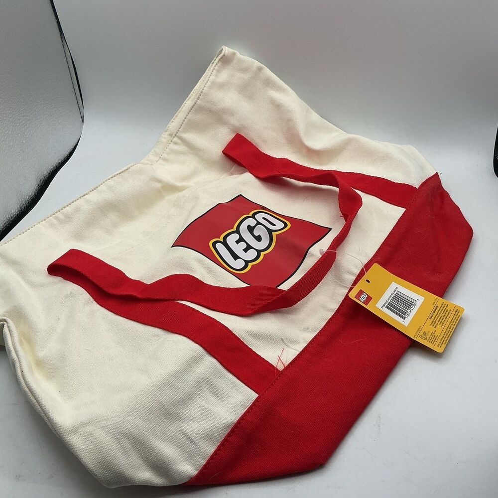 LEGO Logo Red Cream Canvas Tote Bag Reusable Shopping Bag New With Tags - Picture 1 of 6